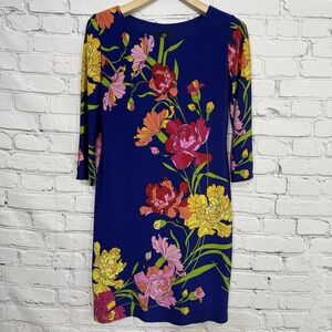 Ronni Nicole Shift Dress Womens 4 Cobalt Blue Floral Cocktail Stretch 3/4 Sleeve